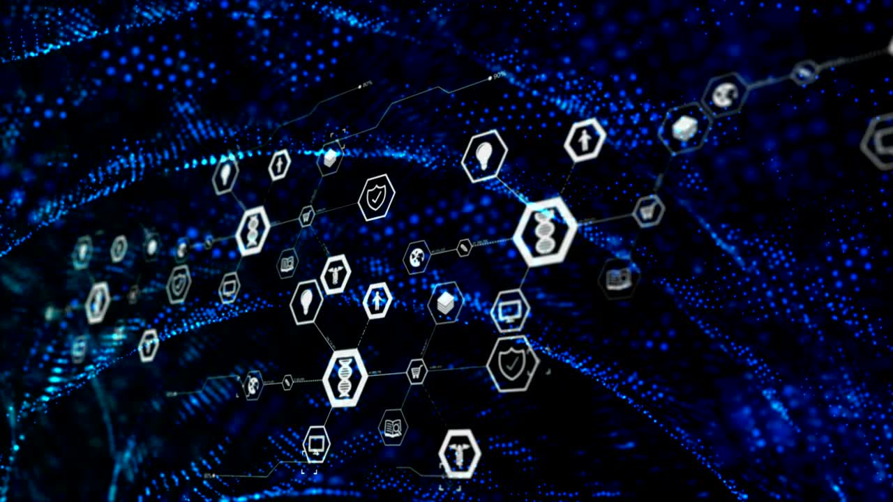 Abstract background icon on hexagon shape and particle moving on the dark for cyber futuristic concept with grain processed