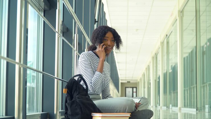 African american woman student sitting on the floor talking on the phone in the university coridor. New modern fully functional education facility. Concept of online education