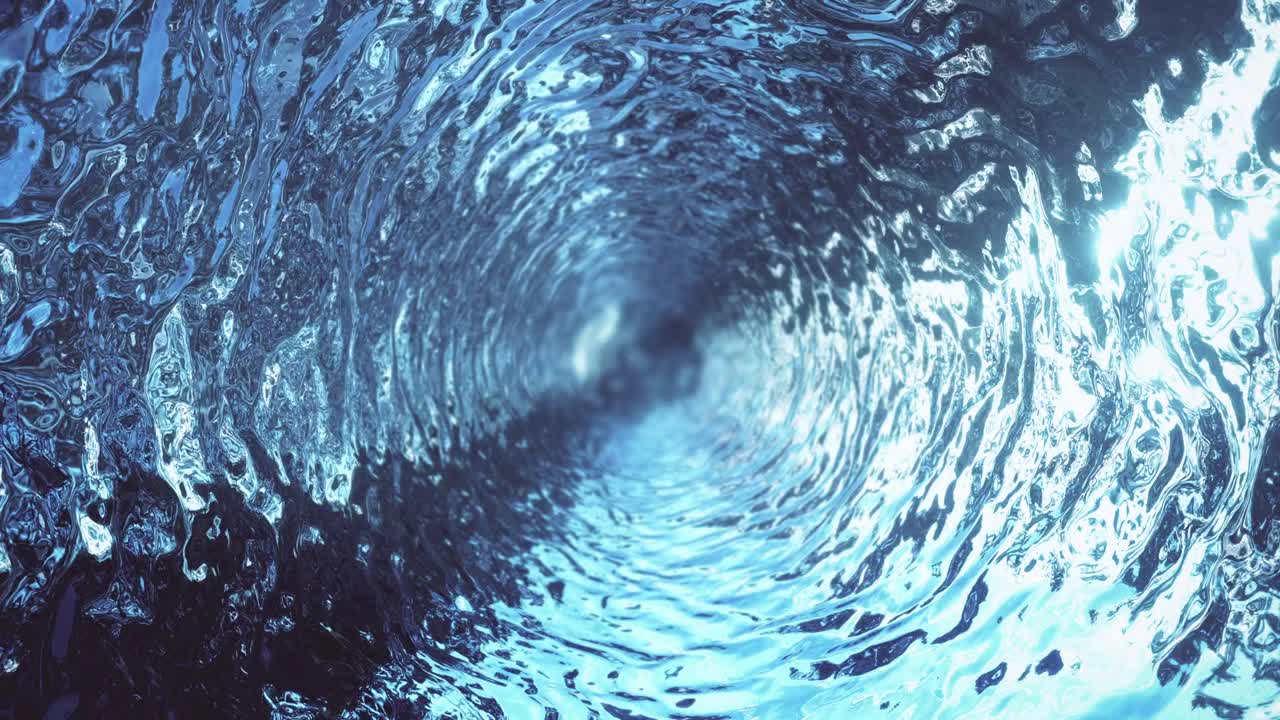 냉정하고 깊은 물의 터널이 끝없는 물결 모양의 토네이도에서 카메라를 둘러싸고 회전합니다.