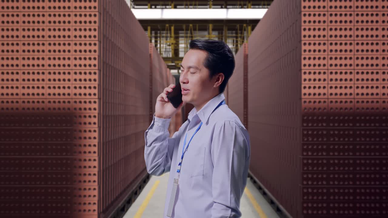 Side View Asian Male Professional Worker Standing With Red Brick Packed in Stacks Are Stored, He Pick The Phone Up And Started To Specking To It With A Slicely Smile