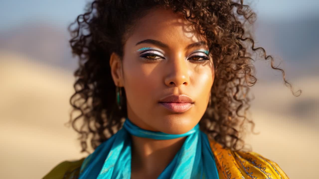 Un ritratto accattivante di una donna con capelli ricci, ornata con tessuti colorati vivaci, che riflette bellezza e forza su uno sfondo naturale desertico