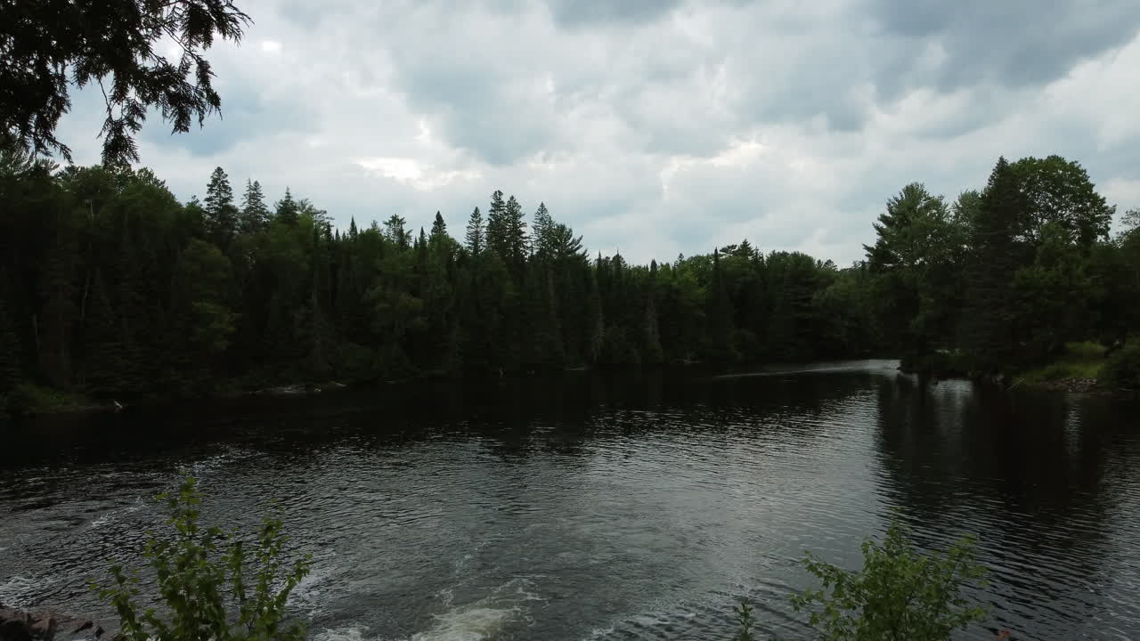 дрон пролетает мимо штатива с фотокамерой dslr у реки алгонкин