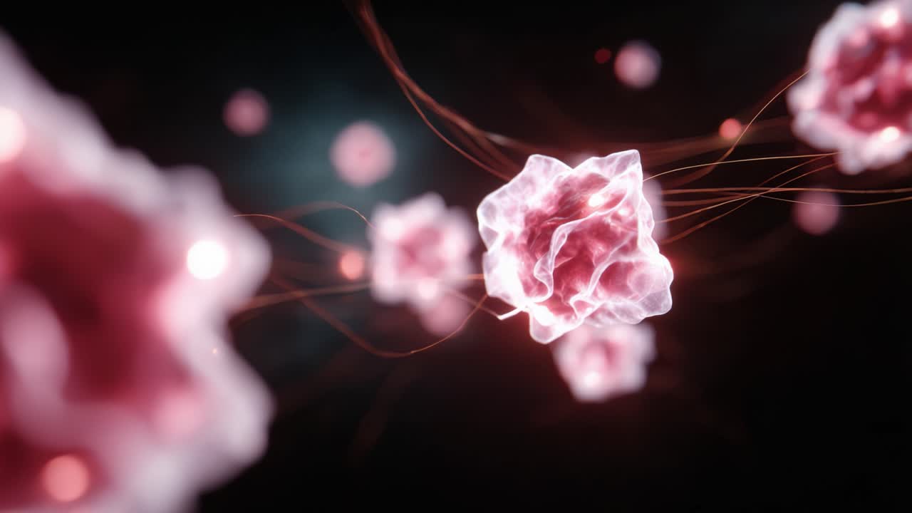 Representação abstrata de estruturas moleculares com elementos brilhantes em um fundo escuro, mostrando a beleza intrincada de formas de vida microscópicas