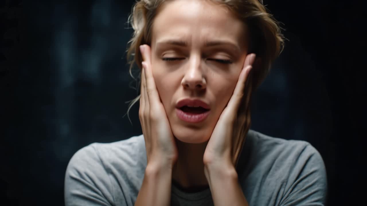 Woman grips her head, eyes closed, face tight with distress. Her expression shows intense pain or emotional strain. The dim lighting emphasizes her vulnerable state. Ideal for scenes of mental fatigue