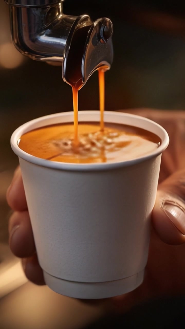 Caffè appena preparato versato in una tazza da asporto in una calda atmosfera da caffè, catturando il colore ricco e la consistenza dell'espresso.