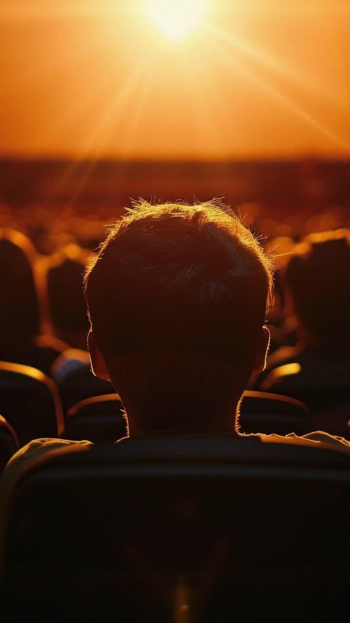 Vista posteriore di un pubblico seduto in un teatro scarsamente illuminato, che guarda un video su un grande schermo