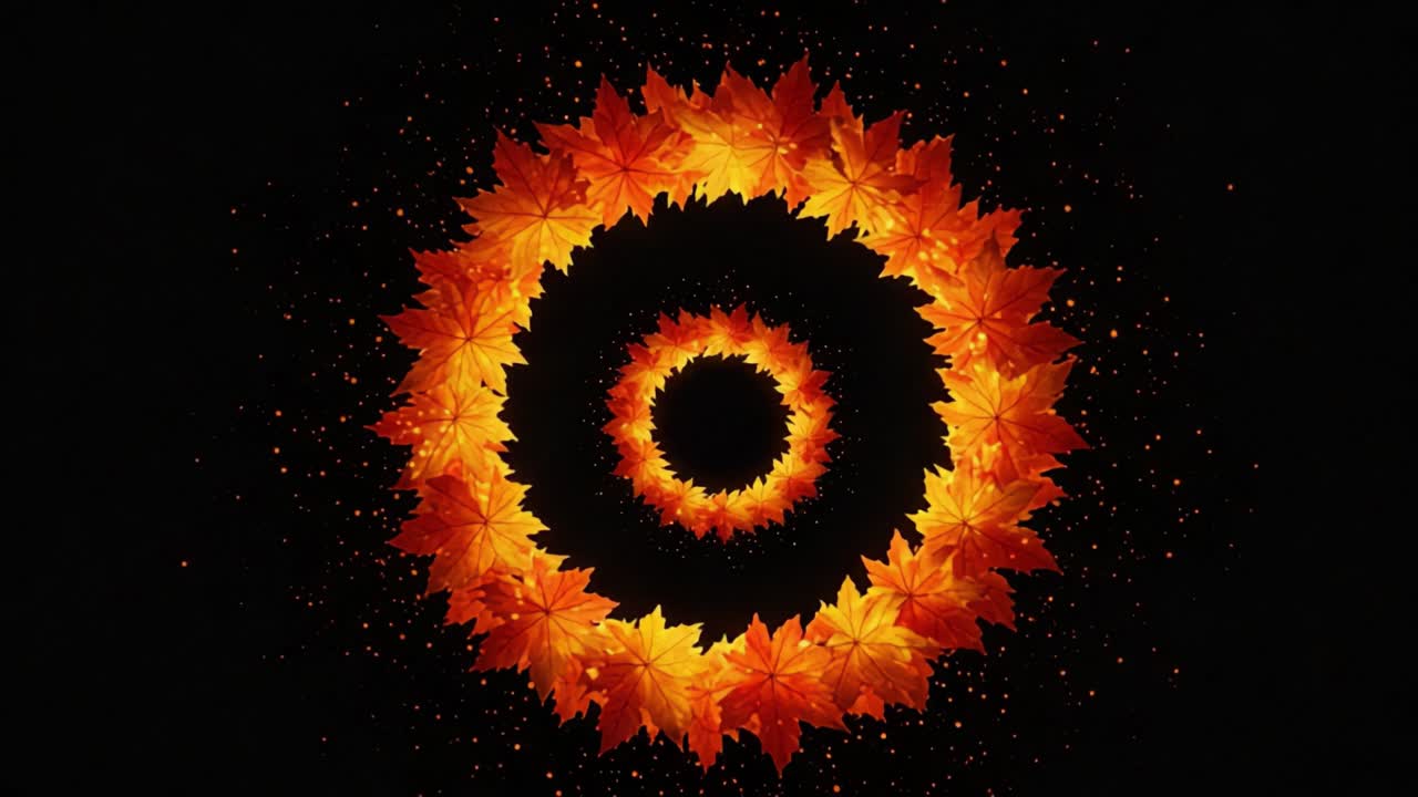 Vibrant Circular Pattern of Golden Leaves Against a Dark Background, Showcasing Intricate Leaf Designs and a Fiery Center Emphasizing Nature's Beauty and Symmetry