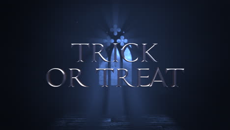 trick or treat with window of old castle with light and crosses in night
