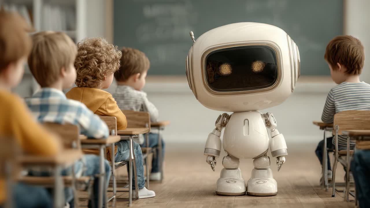 A Charming Robot Educator Engages a Classroom Full of Curious Children, Bridging Technology and Learning in an Innovative Educational Environment