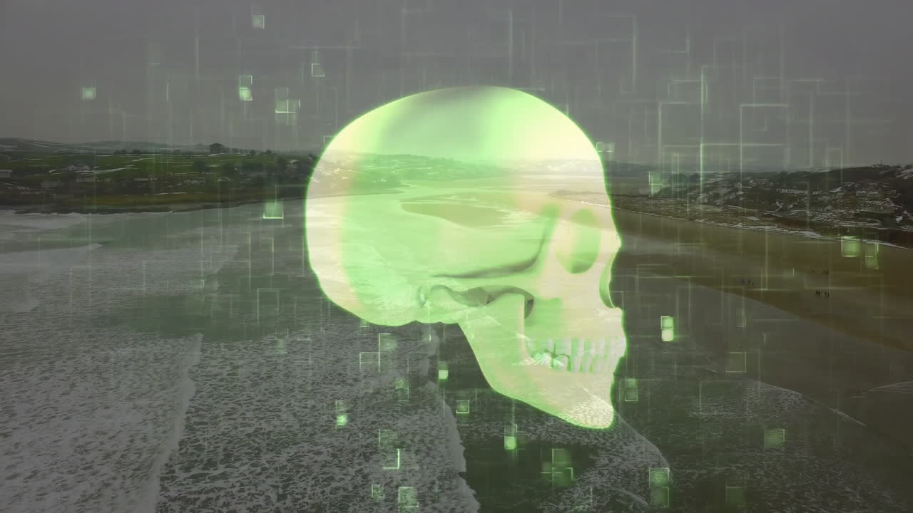Glowing green skull animation over coastal landscape with digital grid overlay