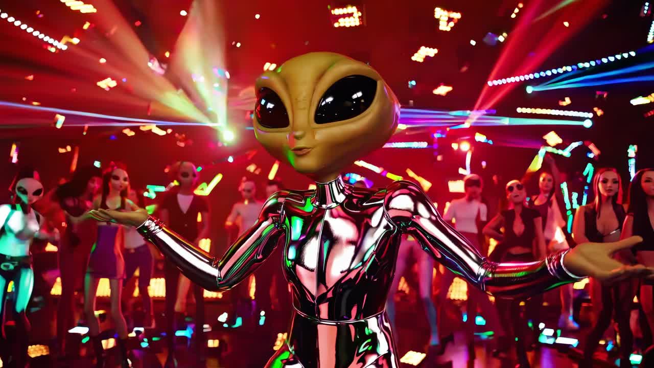 Alien with metallic clothing is dancing at a disco party with laser lights, surrounded by humans and other aliens wearing colorful outfits, creating a futuristic and vibrant atmosphere