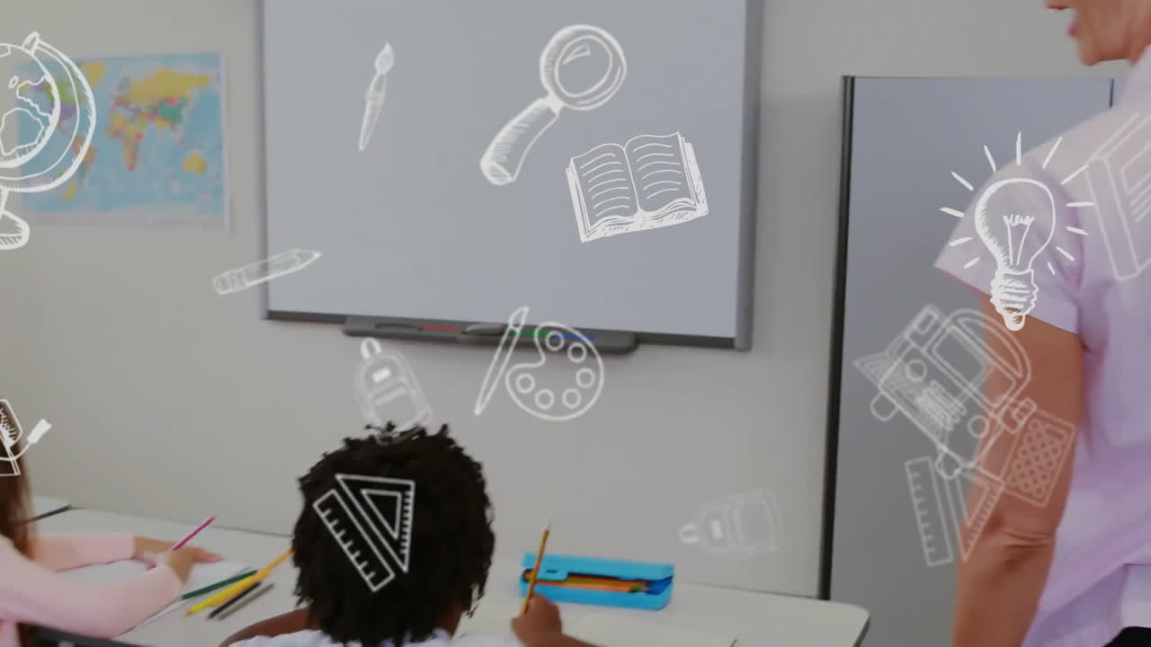 Animation of education school icons over diverse school children in classroom