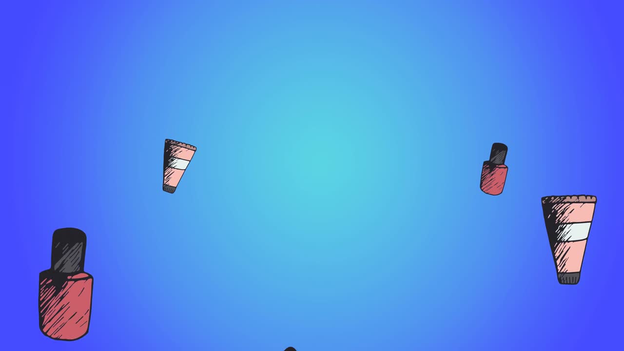 Animation of lipstick, cream and nail polish repeated on blue background