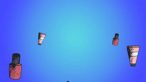 animación de lápiz labial, crema y esmalte de uñas repetido sobre fondo azul