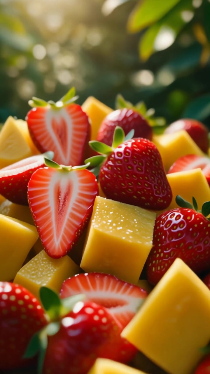 Fragole fresche e pezzi di mango a cubetti alla luce del sole