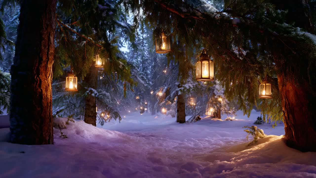 A Serene Winter Night in a Snow-Covered Forest Illuminated by Glowing Lanterns Hanging from Pine Trees Creating a Magical and Enchanting Atmosphere for Peaceful Reflection and Inspiration