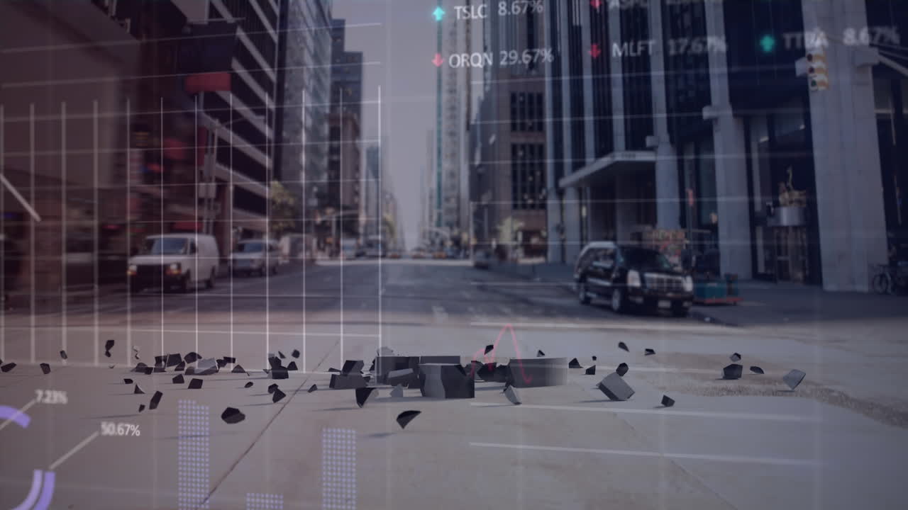 영국 파운드와 시티스케이프를 분쇄하는 금융 데이터 처리의 애니메이션