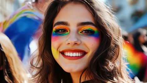 a woman with bright makeup smiles at the camera