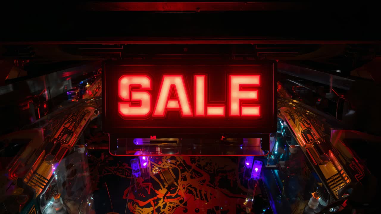 Powering SALE sign pulsing over pinball playfield, shifting reflections with purple and blue LEDs