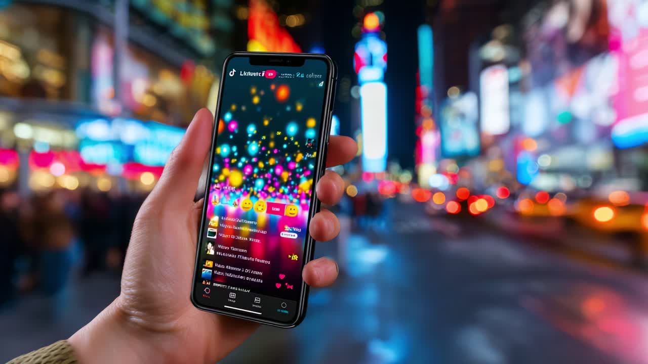 A person holding a smartphone displaying vibrant colorful animations while illuminated advertisements and bustling city lights enhance the nightlife atmosphere in an urban environment