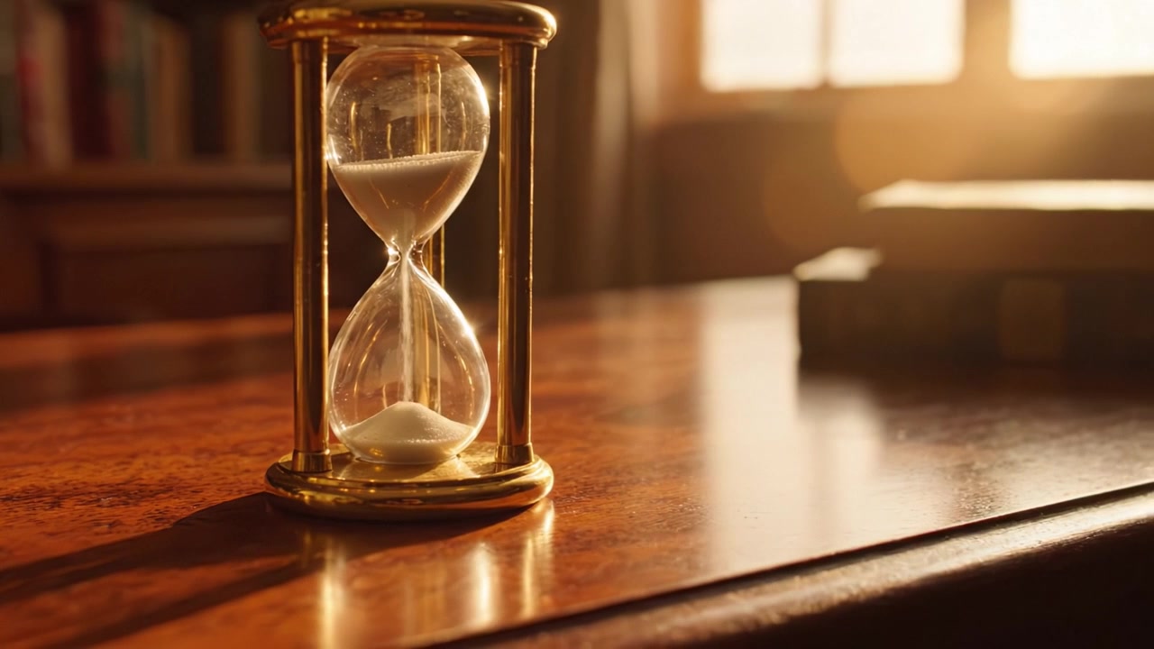 Eine glitzernde Sanduhr, die den Lauf der Zeit festhält, ruht auf einem Holztisch, während sanftes Licht durch ein nahegelegenes Fenster fällt und Nostalgie sowie Besinnung hervorruft