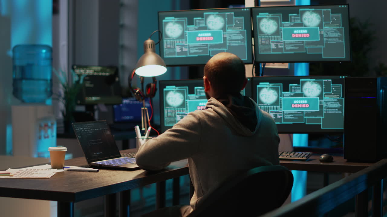 Hacker working on cybersecurity with access denied message on screens
