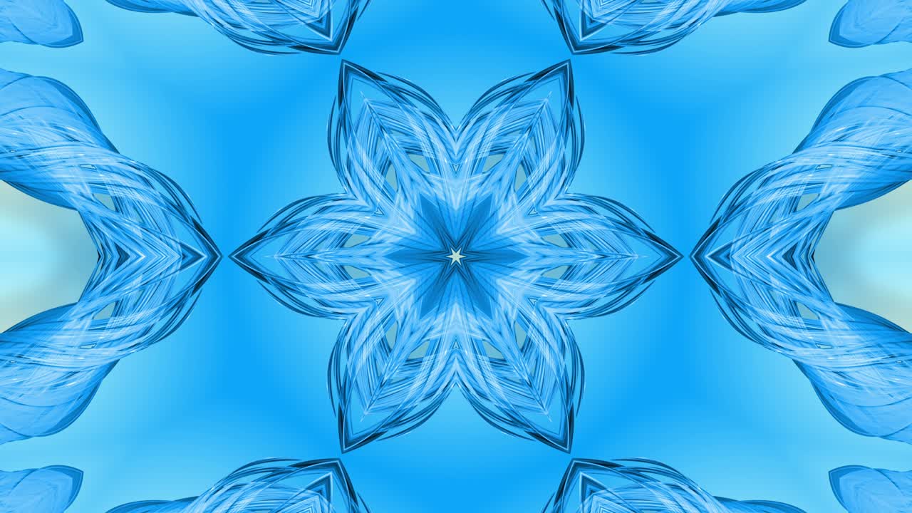 animación en bucle 3d, un fondo abstracto con cintas azules girando y formando estrellas o copos de nieve como con un efecto caleidoscópico.