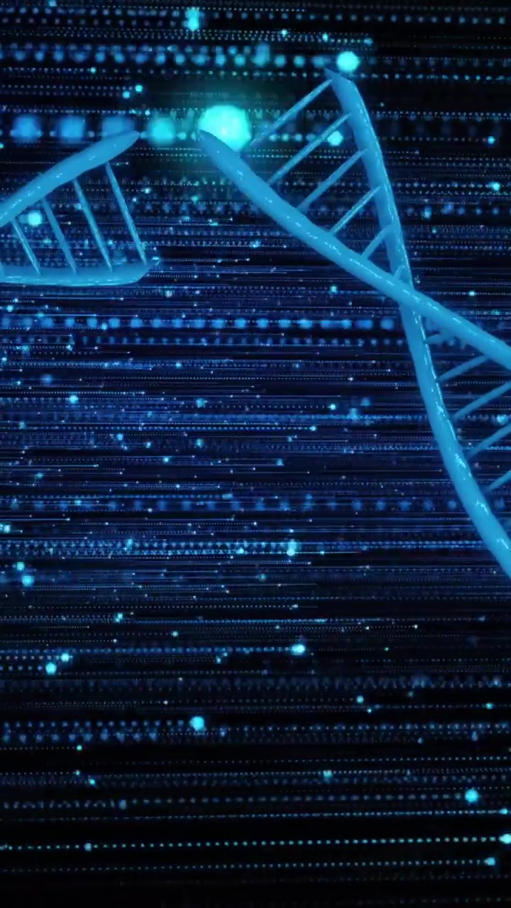 Animation of dna strands over light trails and spots on black background