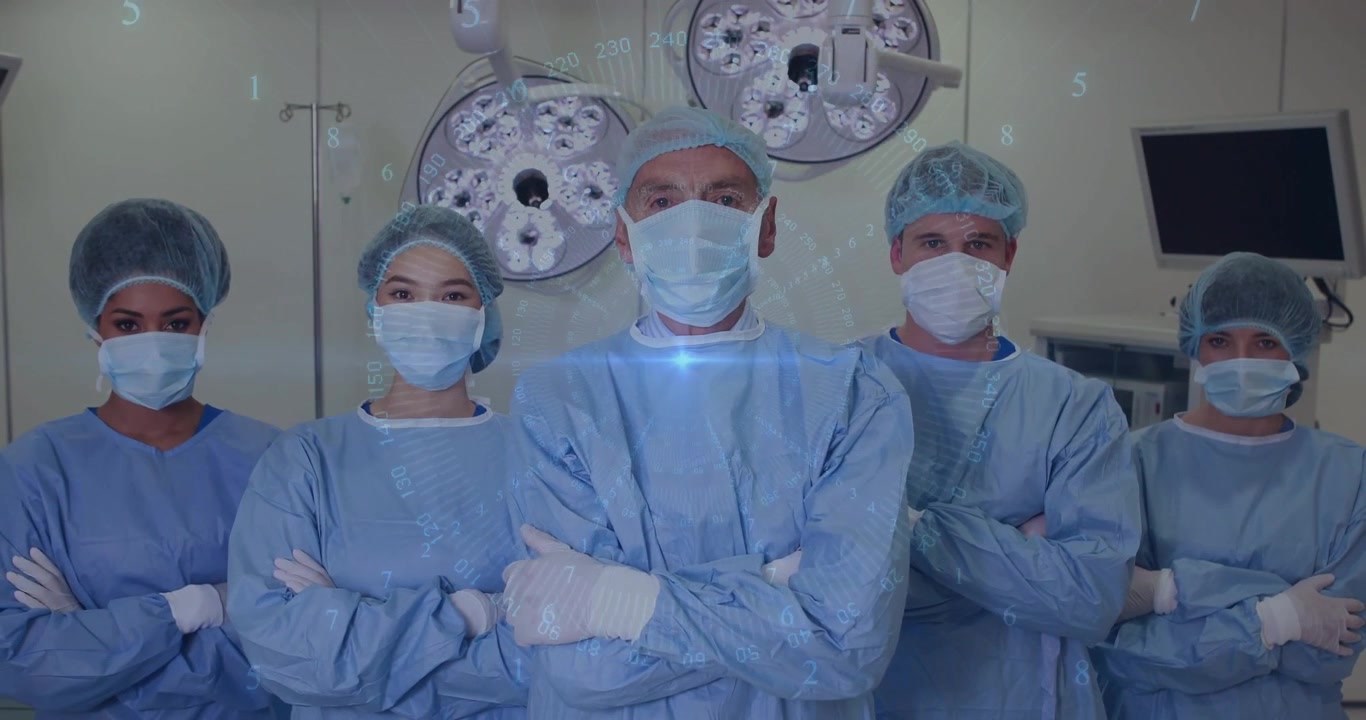 Ved start krysser kirurgisk team armene på operasjonsstuen mens holografiske helsedata virvler og viser beredskap