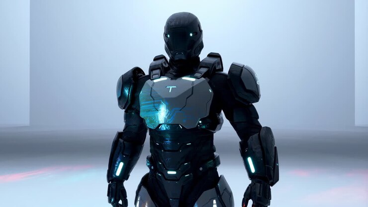 Figura robotica avanzata in armatura fantascientifica