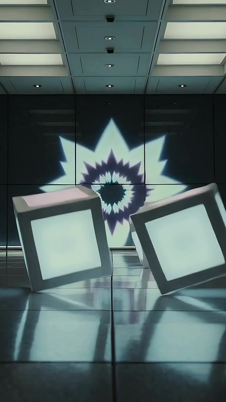Video verticale: Appare un puntino luminoso, 2 cubi illuminati che si spostano e rotolano in una galleria reagendo alla parete