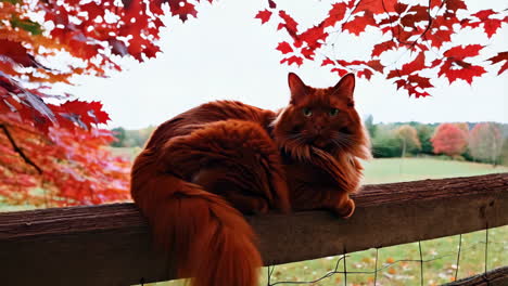 orange fluffy cat on a wooden fence amidst vibrant autumn leaves