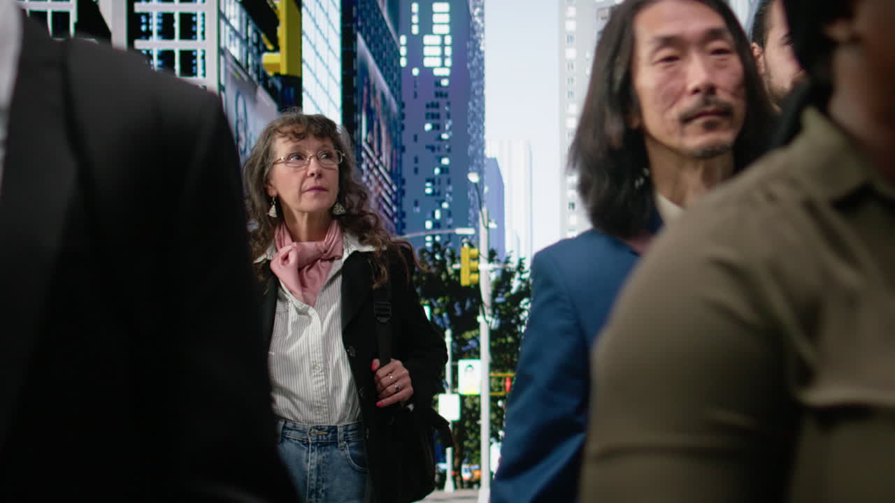 Multiethnic pedestrians of different ages crossing street in steady movement
