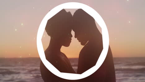 embracing couple at sunset with circular animation overlay, creating romantic scene