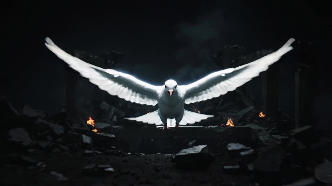 Appearing white dove emitting sparks above low stone ledge and dissolving, filling ruined chamber