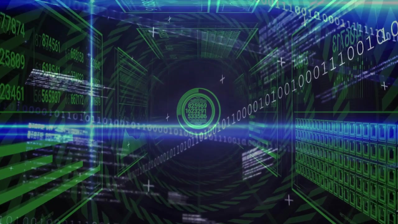 Digital Data Tunnel with Streaming Binary Code and HUD Elements