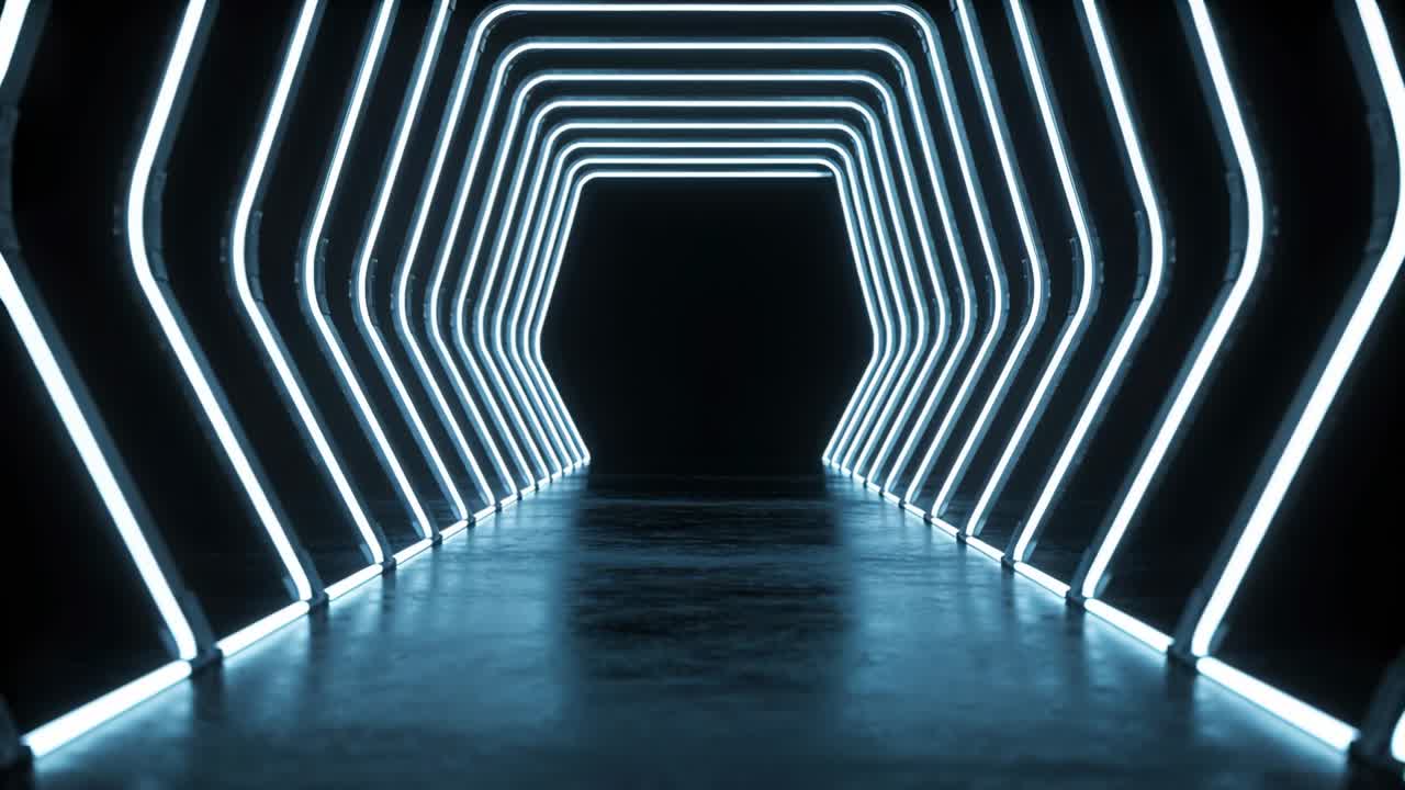 Gliding hex tunnel revealing deeper LED arches in corridor with camera dolly moving creating depth