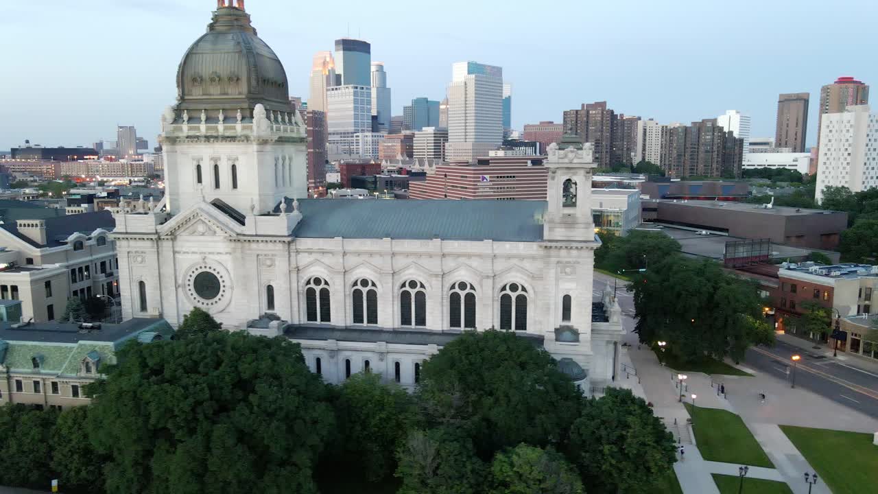 St Marys chatedral in minneapolis, downtown minneapolis in the background aerial view