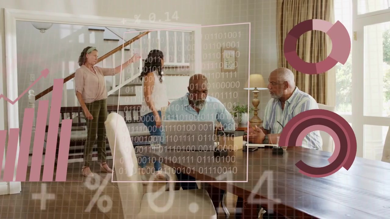 Men using laptop and phone; women entering stairs moving to table; animated charts analyzing data