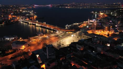 istanbul galata bridge area drone footage night time