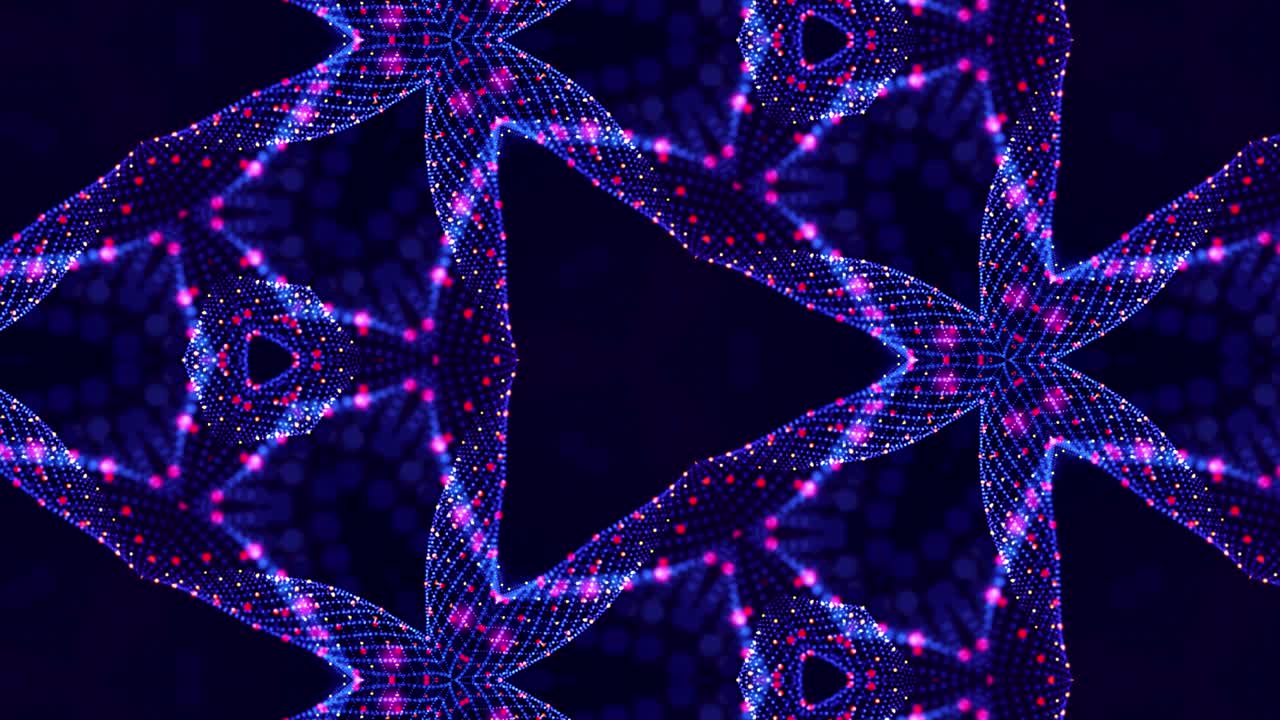 tema abstracto del microworld de la nanotecnología. 4k en bucle de ciencia ficción 3d fondo con partículas azules brillantes forman líneas, superficies, estructuras simétricas complejas como en el caleidoscopio. 8