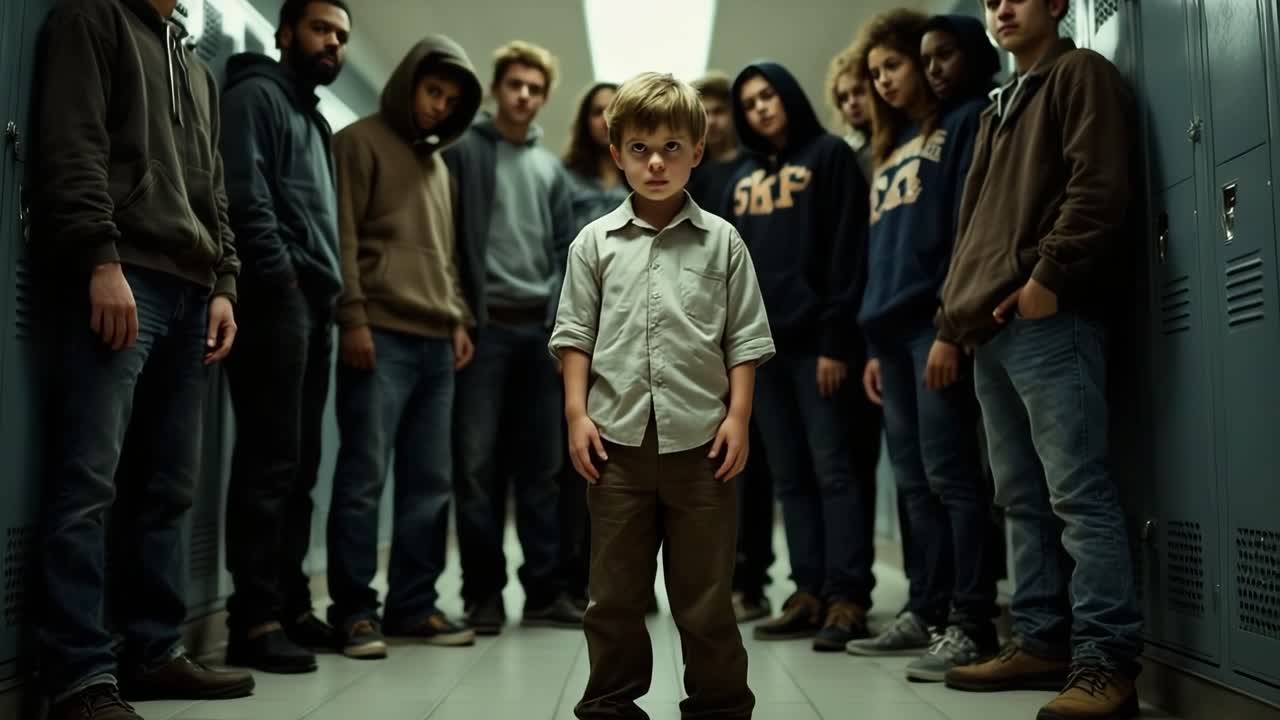 Young boy standing in a school corridor, surrounded by a group of teenagers, all looking intensely with serious expressions
