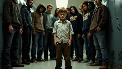 young boy standing in a school corridor, surrounded by a group of teenagers, all looking intensely with serious expressions