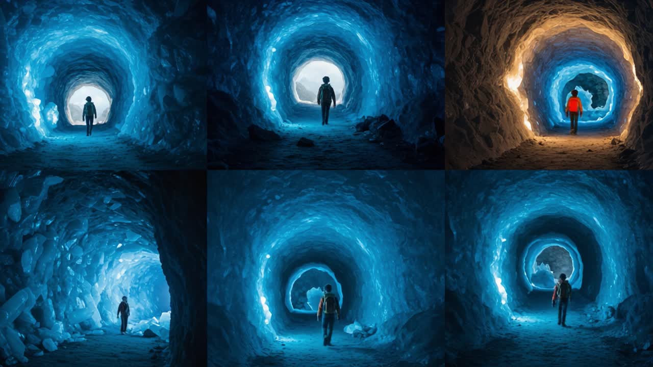 A Journey Through Ethereal Ice Tunnels: Exploring the Mystical Blue and Warm Glow of Nature's Stunning Ice Structures and the Contrast of Light and Dark
