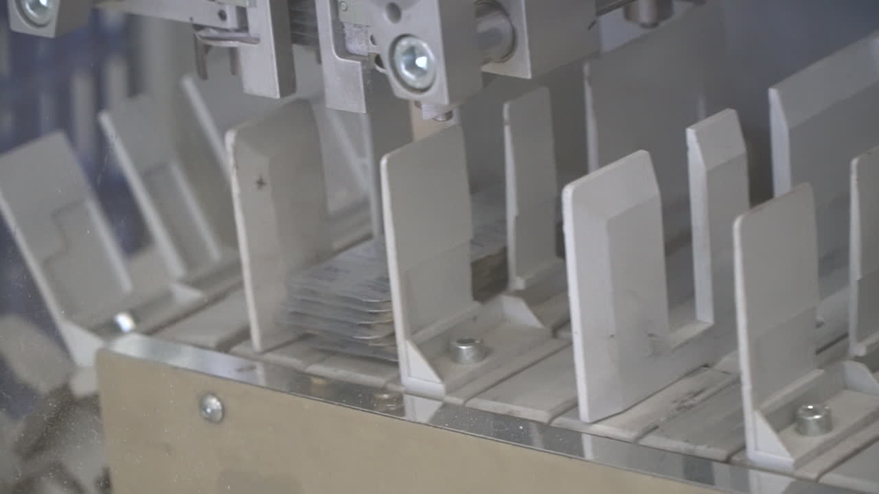 Groups of packaged medical pills are separated into vertical slots, close up
