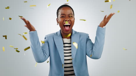 Confetti,-celebration-and-black-woman-face