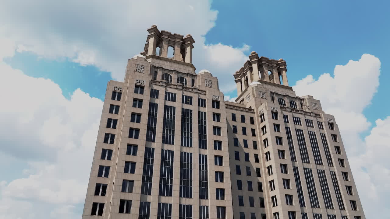 위에 장식적인 왕관과 함께 거대한 마천루의 상승 영상