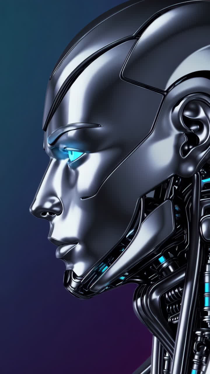 Futuristic Metallic Robot Head with Glowing Blue Eyes