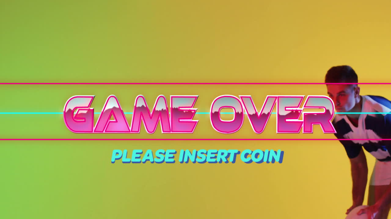 Game over please insert coin animation over man in colorful background