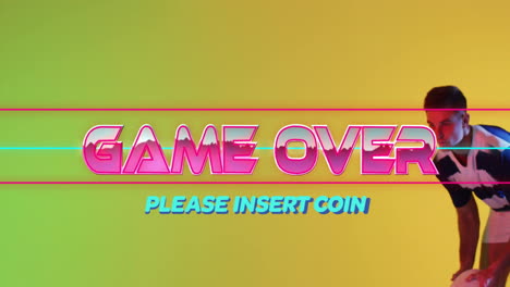 game over please insert coin animation over man in colorful background
